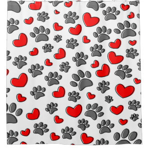 Cute Dog Paw And Red Hearts Pattern On White Shower Curtain