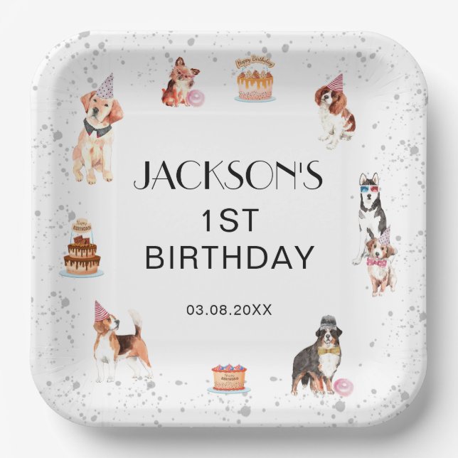 Cute Dog Paw-Party Birthday Square Paper Plate (Front)