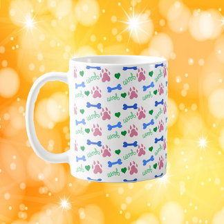 Cute Dog Paw Pattern Hearts, Bones Woof Pink Blue Coffee Mug