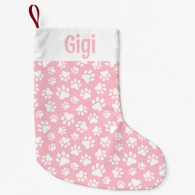 Cute Dog Paw Pattern White and Pastel Pink Small Christmas Stocking (Front)