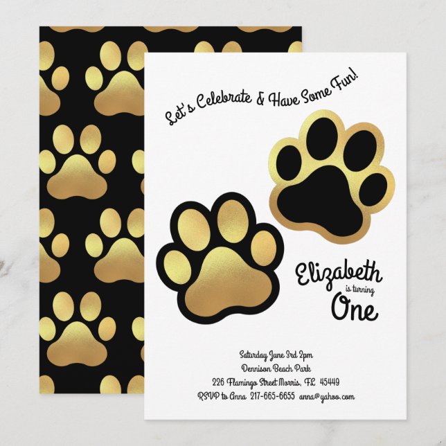 Cute Dog Paw Print Kids 1st Birthday Gold Black Invitation (Front/Back)