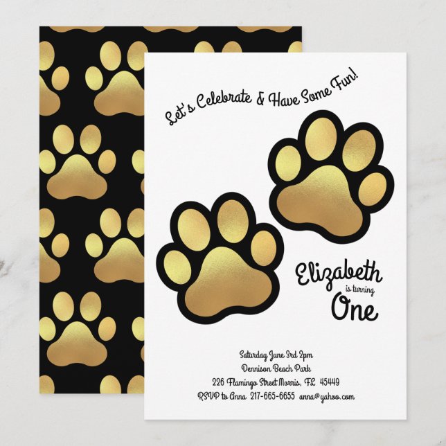 Cute Dog Paw Print Kids 1st Birthday Gold Black Invitation (Front/Back)
