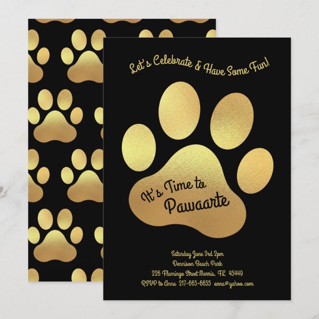 Cute Dog Paw Print Kids 1st Birthday Gold Black Invitation (Front/Back)