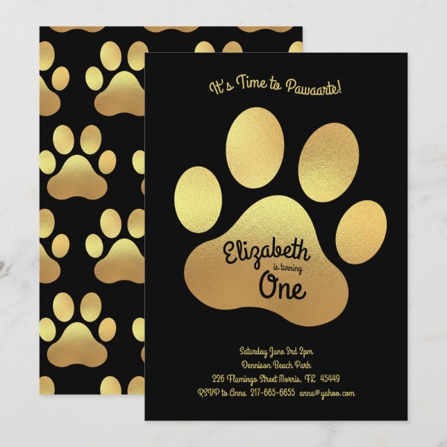 Cute Dog Paw Print Kids 1st Birthday Gold Black Invitation (Front/Back)