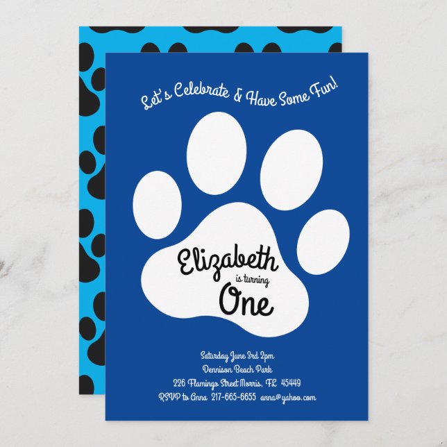 Cute Dog Paw Print Kids 1st Birthday Party Invitation (Front/Back)