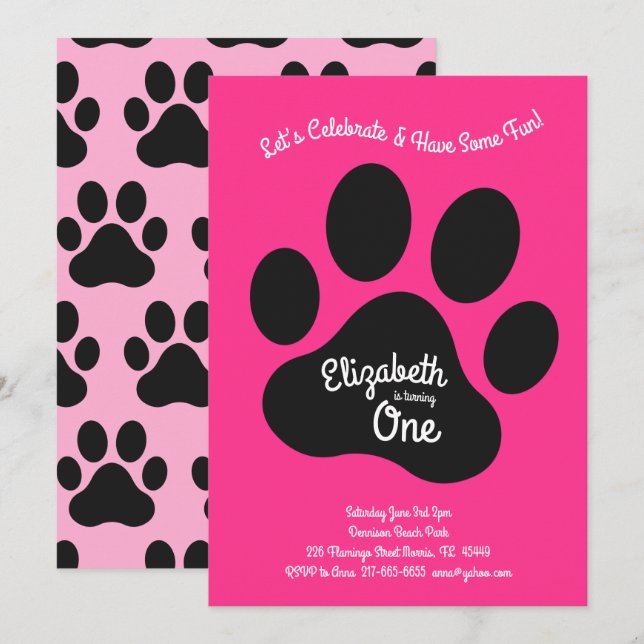 Cute Dog Paw Print Kids 1st Birthday Party Pink Invitation (Front/Back)
