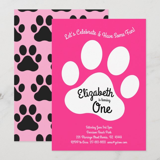 Cute Dog Paw Print Kids 1st Birthday Party Pink Invitation (Front/Back)