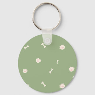 Cute Dog Paw Prints and Bones Pattern on Green Key Ring