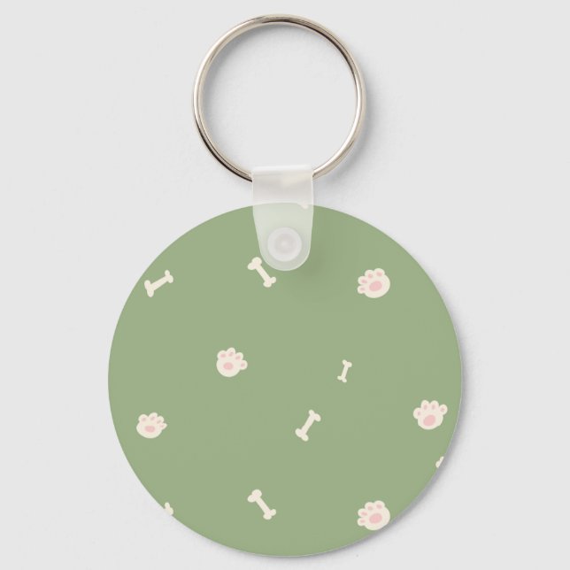 Cute Dog Paw Prints and Bones Pattern on Green Key Ring (Front)