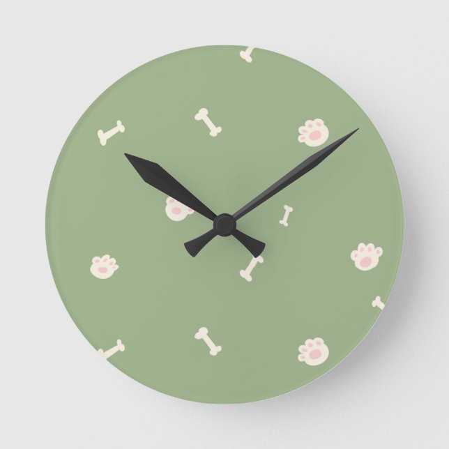 Cute Dog Paw Prints and Bones Pattern on Green Round Clock (Front)