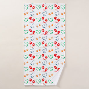 Cute DOG PAW PRINTS and LOVE HEARTS Bath Towel