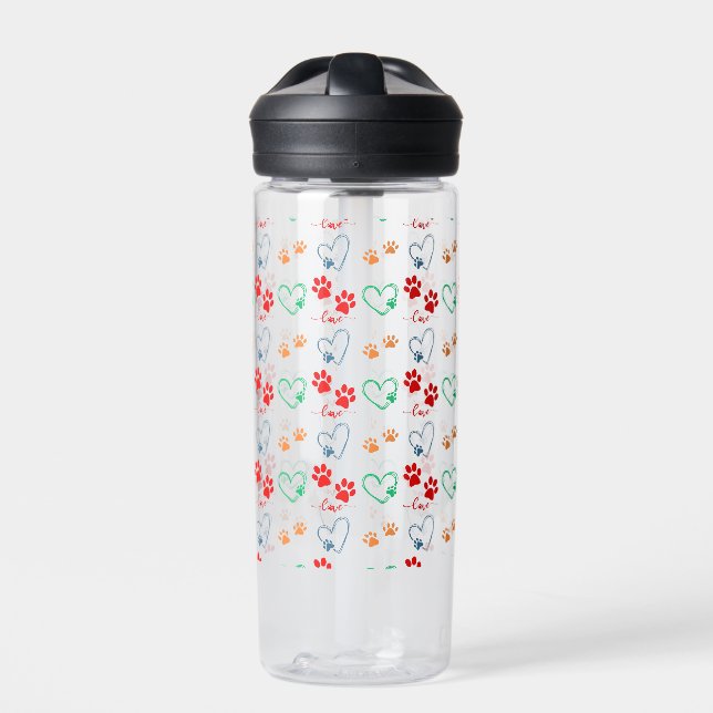 Cute DOG PAW PRINTS and LOVE HEARTS Water Bottle (Front)