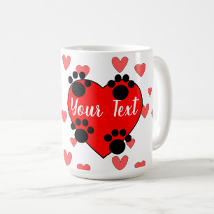 Cute Dog Paw Prints And Red Heart With Custom Text Coffee Mug