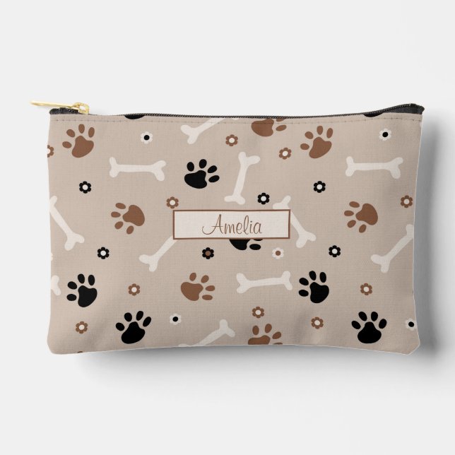 Cute dog paws and bones pattern and custom name accessory pouch (Front)