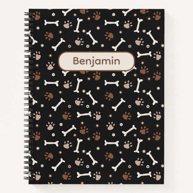 Cute Dog Paws & Bones and Custom Name / Black Notebook (Front)