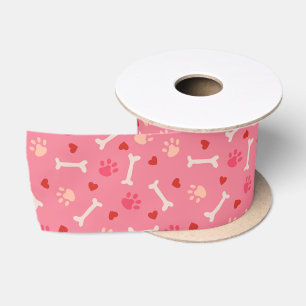 Cute Dog Paws Bones & Hearts on Hot Pink Satin Ribbon