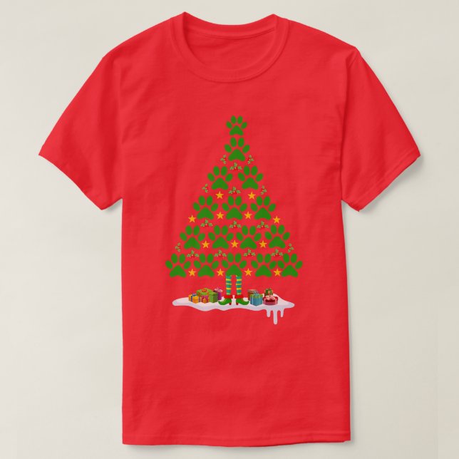 Cute Dog Paws Print Christmas Tree for Dog Lovers  T-Shirt (Design Front)