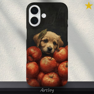 Cute Dog Peeking Apple Painting Custom Initials iPhone 16 Case