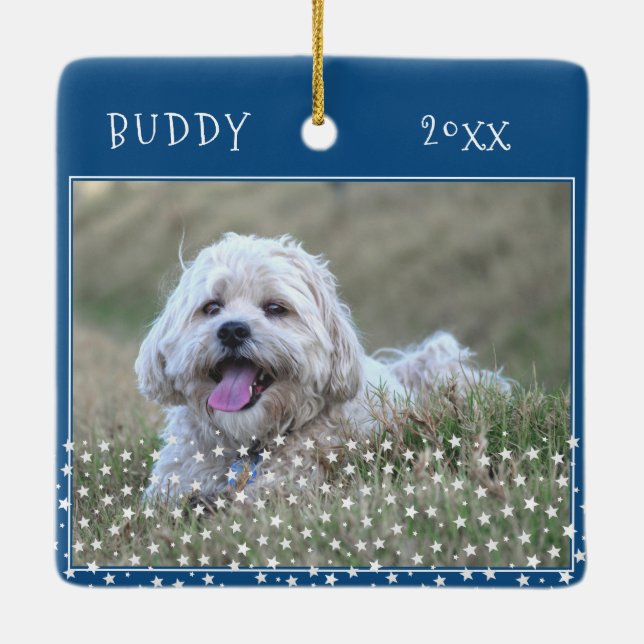 Cute Dog Pet 2 Photos Star Pattern Blue Christmas Ceramic Ornament (Back)