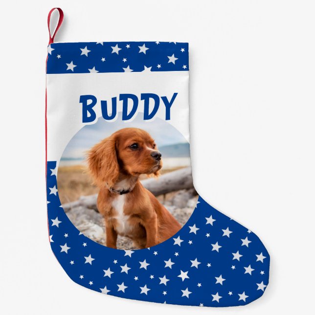 Cute Dog Pet Photo Blue Star Pattern Small Christmas Stocking (Front)