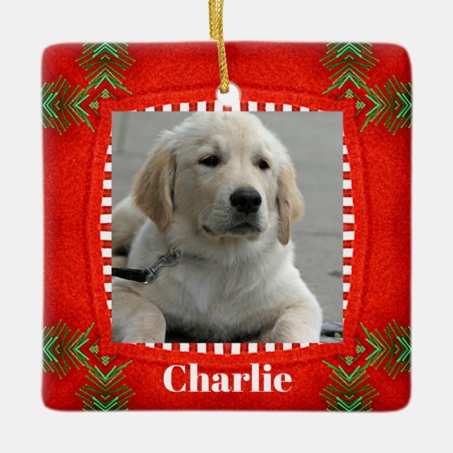 Cute Dog Pet Photo Red Green Christmas Ceramic Ornament (Front)