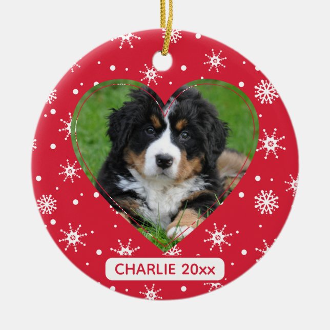 Cute Dog Pet Photo Snowflake Red Christmas Ceramic Tree Decoration (Front)
