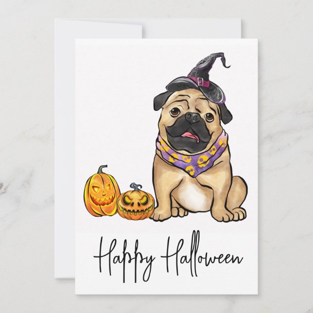 Cute Dog Pet Pug Puppy Ghost Happy Halloween Holiday Card (Front)