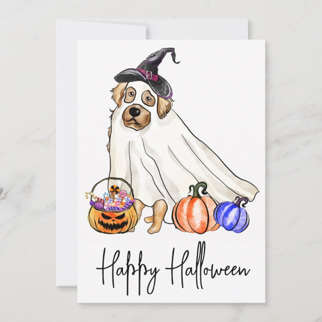 Cute Dog Pet Puppy Ghost Happy Halloween Holiday Card (Front)