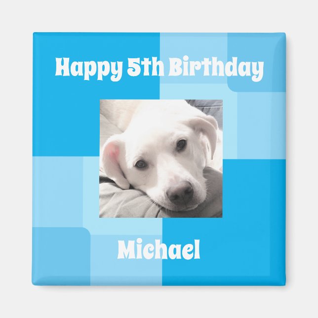  Cute Dog Photo 5th Birthday Blue Magnet (Front)