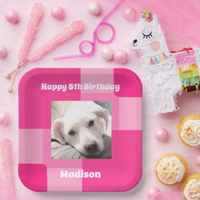  Cute Dog Photo 5th Birthday Pink Paper Plate (Party)