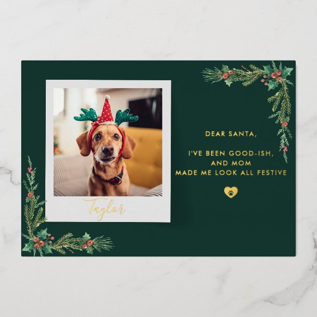 Cute Dog Photo Custom Christmas Foil Holiday Card (Front)