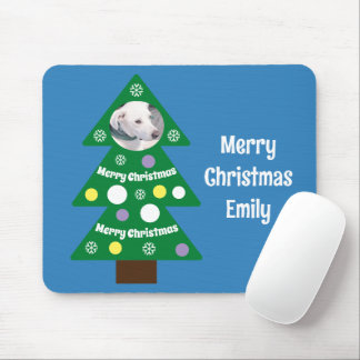 Cute Dog Photo in Colorful Christmas Tree Blue Mouse Mat
