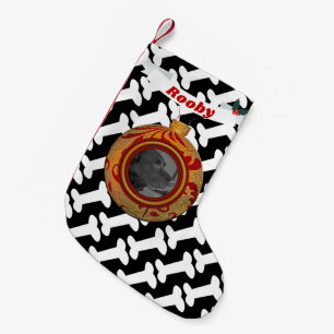 Cute Dog Photo Name Bones Pattern Black and White Small Christmas Stocking