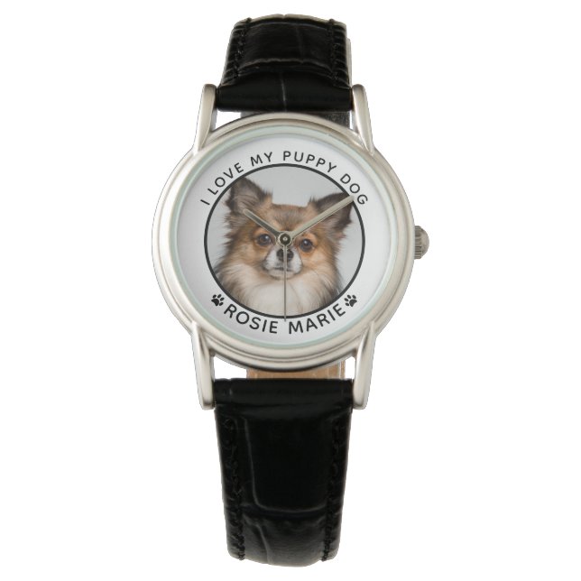 Cute Dog Photo Name Paw Prints Personalised Watch (Front)