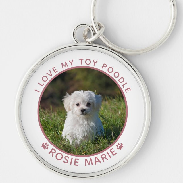 Cute Dog Photo Name Pink Paw Prints Personalised Key Ring (Front)