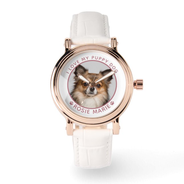 Cute Dog Photo Name Pink Paw Prints Personalised Watch (Front)