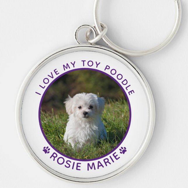 Cute Dog Photo Name Purple Paw Prints Personalised Key Ring (Front)