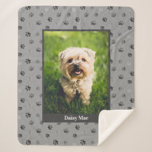 Cute Dog Photo Name Silver Grey Paw Prints Sherpa Blanket