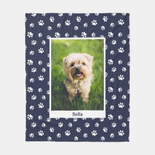 Cute Dog Photo Name White Paw Prints Navy Blue Fleece Blanket
