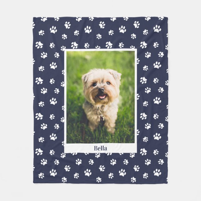 Cute Dog Photo Name White Paw Prints Navy Blue Fleece Blanket (Front)
