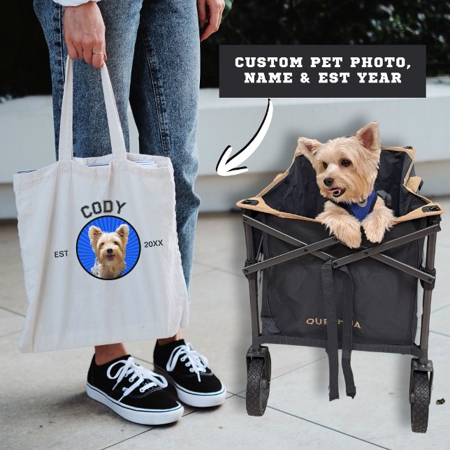 Cute Dog Photo Pet Name EST Date Typography Sport Tote Bag (Cute Custom Dog Photo with Pet's Name and Est Year or Birthday Varsity Font Tote Bag Pet Lovers Gift)