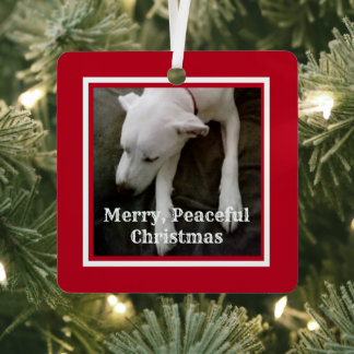Cute Dog Photo Red and White Peace 2025 Christmas Metal Tree Decoration