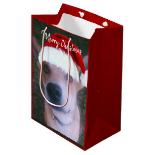 Cute Dog Photo Red Christmas Custom Medium Gift Bag