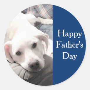 Cute Dog Photo with Dad Happy Father's Day Blue Classic Round Sticker