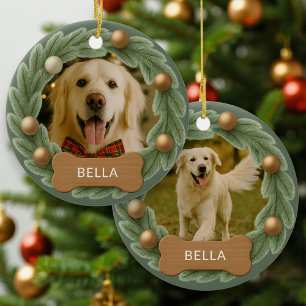 Cute Dog Photo Wreath Holiday Christmas Ceramic Tree Decoration