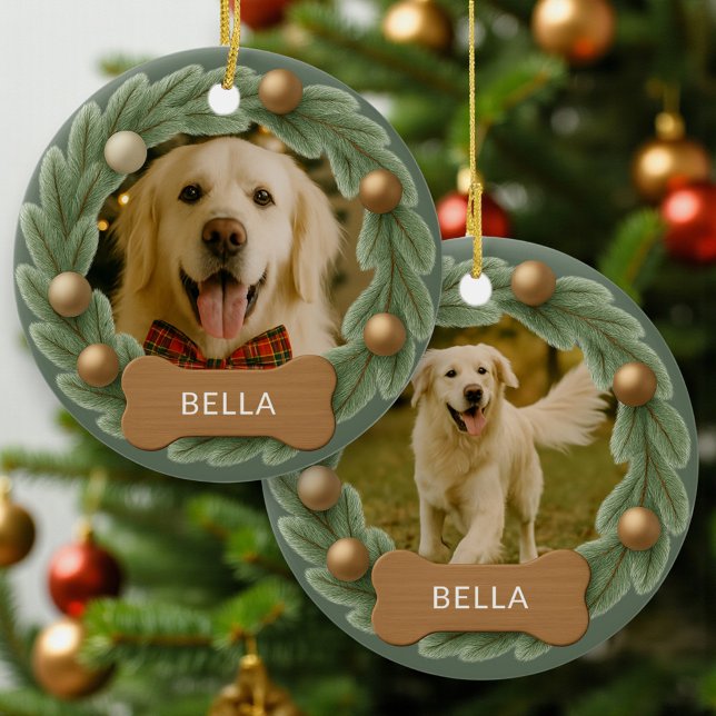 Cute Dog Photo Wreath Holiday Christmas Ceramic Tree Decoration (Creator Uploaded)