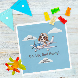 Cute Dog Pilot Flying Aeroplane Boy First Birthday Napkin