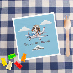 Cute Dog Pilot Flying Aeroplane Boy First Birthday Napkin