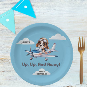 Cute Dog Pilot Flying Aeroplane Boy First Birthday Paper Plate