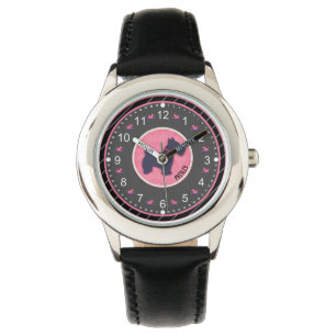 Cute Dog Pink Black Custom Name Watch